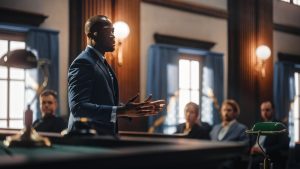 Commercial Litigator advocating for his client in a courtroom. 
