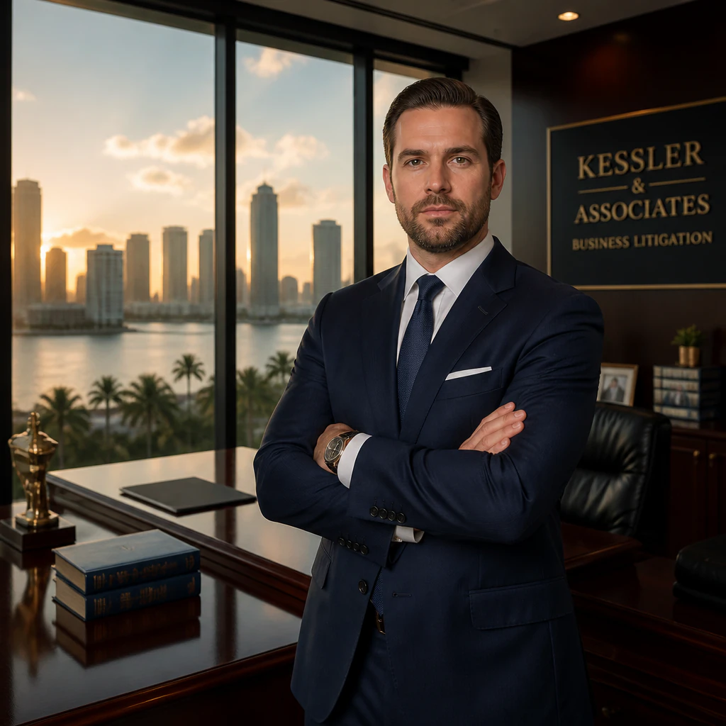 Male lawyer in suit office city view