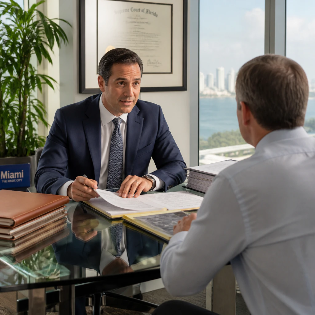 Lawyer consulting client with legal documents