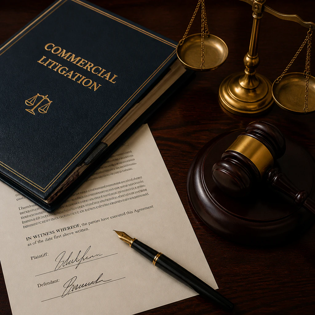 Commercial litigation book with legal gavel and scales